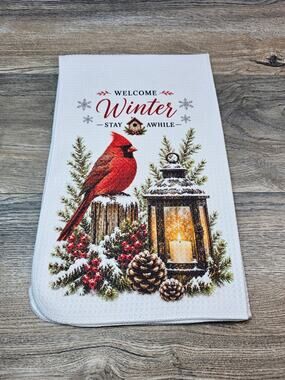 Welcome Winter Cardinal Kitchen Towel Rustic Farmhouse Bird & Lantern Decor